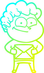 cold gradient line drawing of a cartoon happy man