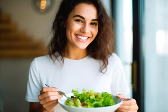 Beautiful young smiley vegetarian woman eating a green salad, healthy eating, vegetarian lifestyle.Generative AI