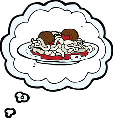 cartoon spaghetti and meatballs with thought bubble