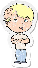 retro distressed sticker of a cartoon boy with growth on head