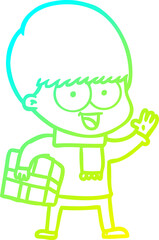 cold gradient line drawing of a happy cartoon boy with present