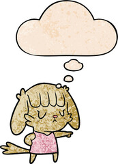 cartoon dog girl pointing with thought bubble in grunge texture style