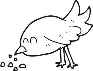 freehand drawn black and white cartoon bird pecking seeds