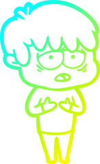 cold gradient line drawing of a cartoon exhausted boy
