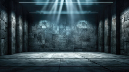 empty dark room transformed with mist, fog, and white spotlights, perfect for showcasing artistic works and products. generative ai