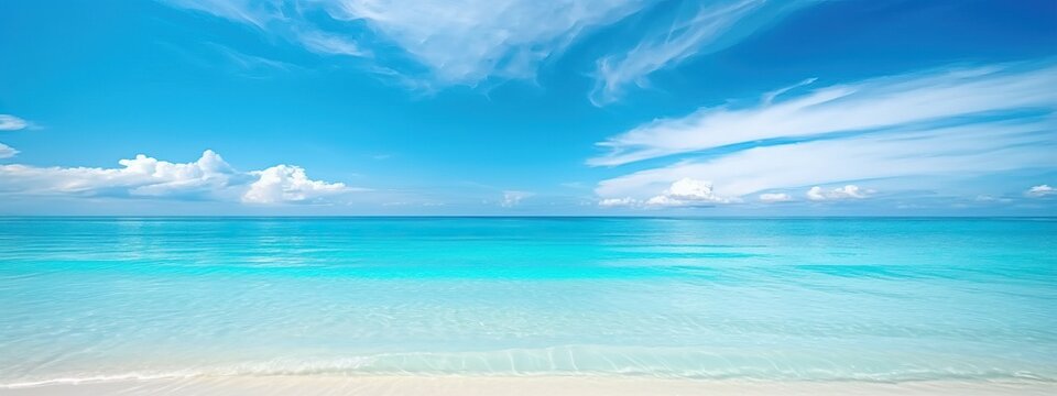 Beautiful sandy beach with white sand and rolling calm wave of turquoise ocean on Sunny day. White clouds in blue sky are reflected in water. Maldives, perfect scenery landscape, copy space