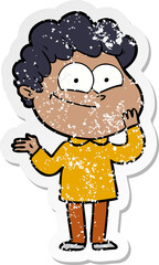 distressed sticker of a cartoon happy man