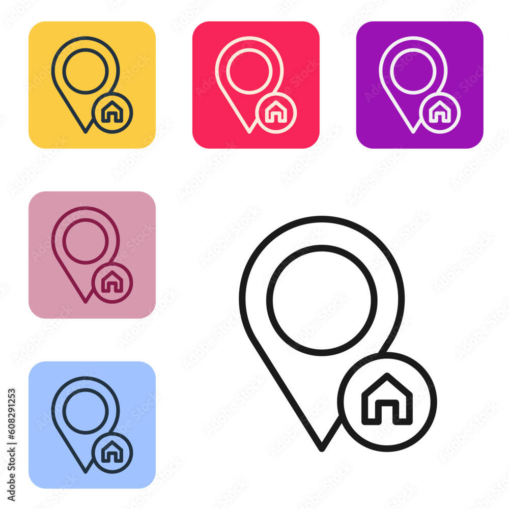 Poster black line map pointer with house icon isolated on white background. home location marker symbol. se