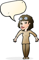 cartoon woman wearing goggles with speech bubble