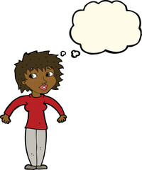 cartoon woman shrugging shoulders with thought bubble
