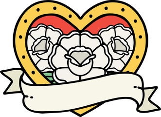 tattoo in traditional style of a heart and banner with flowers