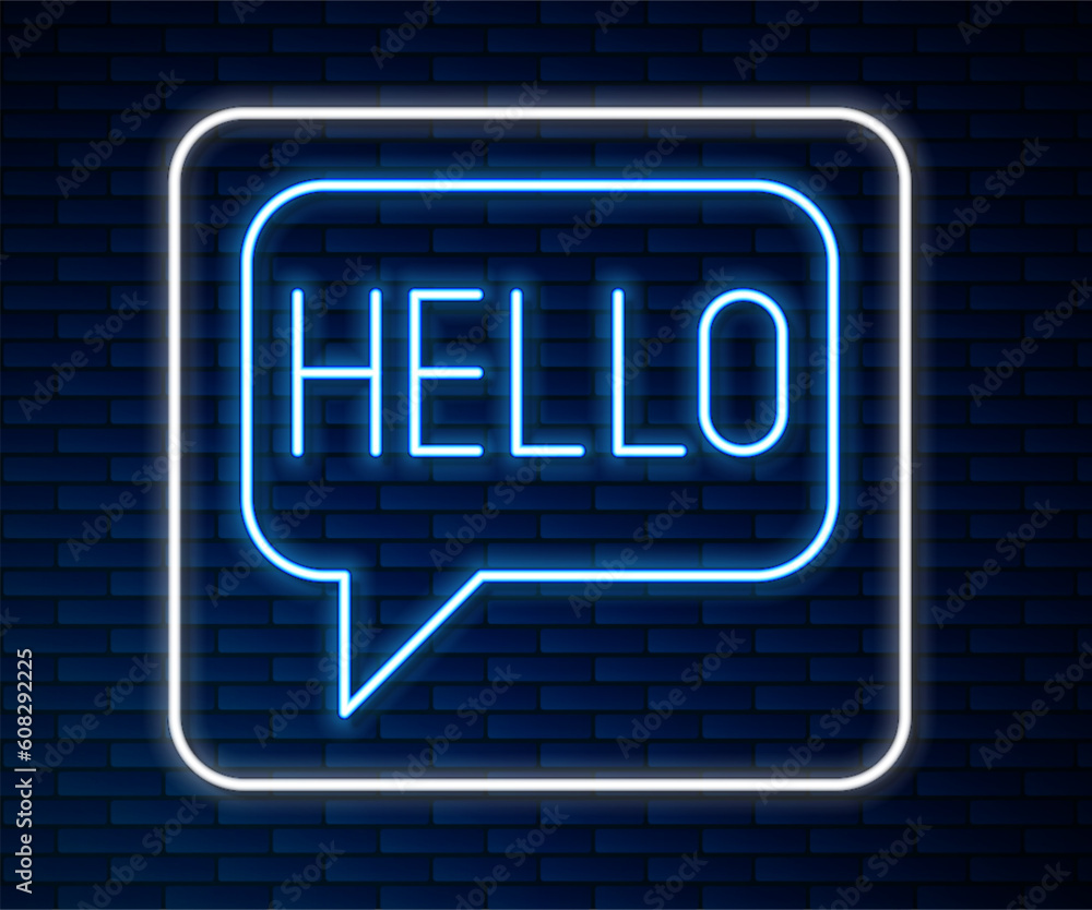 Poster glowing neon line hello in different languages icon isolated on brick wall background. speech bubble