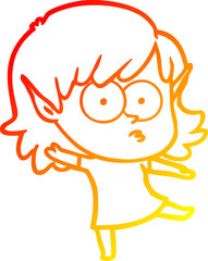 warm gradient line drawing of a cartoon elf girl dancing