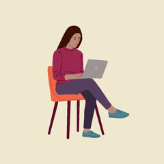 Young businesswoman sitting on a chair and working on a laptop editable vector illustration 