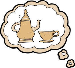 cartoon coffee pot and cup with thought bubble