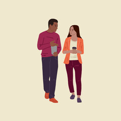 Editable vector illustration of employees walking in the office, chatting during breaks, discussing project updates 