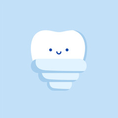 Cute cartoon tooth implant. Dental surgery. Tooth implant cut vector illustration. Healthy teeth and dental implant, stomatology poster. The symbol of tooth restoration. A dental implant