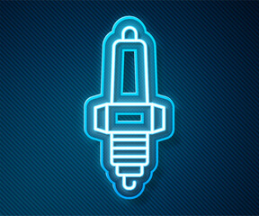 Glowing neon line Car spark plug icon isolated on blue background. Car electric candle. Vector