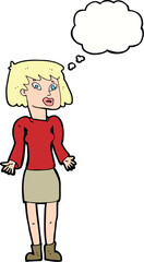 cartoon woman shrugging shoulders with thought bubble