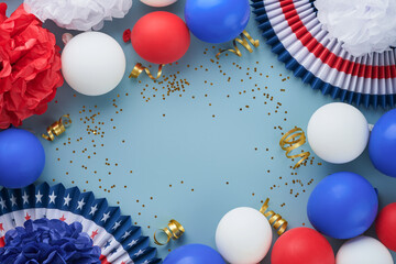 4th of July background. USA paper fans, Red, blue, white stars,  balloons and gold confetti on blue...