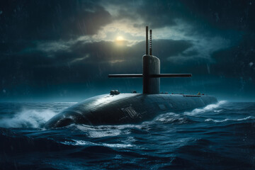 Nuclear powered cruise missile fast attack submarine surfacing in the ocean. Generative AI