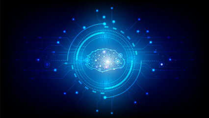 Abstract technology computing concept Ai Brain working data of Artificial intelligence and futuristic digital for future on dark blue background.