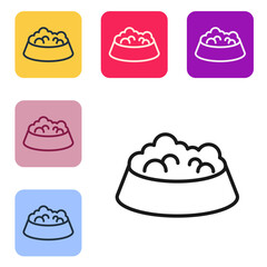 Black line Pet food bowl for cat or dog icon isolated on white background. Dog or cat paw print. Set icons in color square buttons. Vector