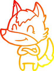 warm gradient line drawing of a friendly cartoon wolf