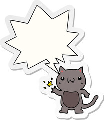 cartoon cat scratching with speech bubble sticker
