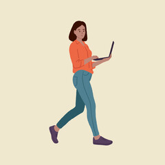 Profile side full-size editable vector illustration of excited lady girl walking and chatting on a laptop