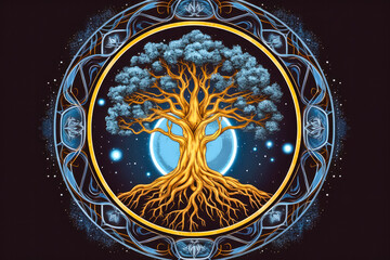 The Celtic Tree of life on the mystical dark background with a moon illustration. Generative AI