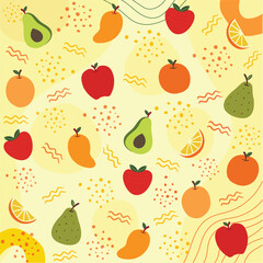 Tropical summer fruit seamless pattern, abstract, Fresh fruits wallpaper, fruit mix design for fabric and decor, cute vector background. bright summer fruits illustration,  hawaiian, colorful design