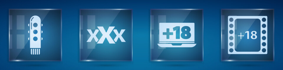 Set Dildo vibrator, Sex shop, Laptop with 18 plus content and Play Video with 18 plus content. Square glass panels. Vector