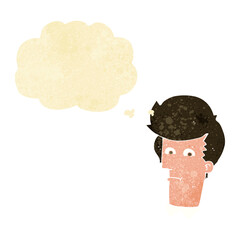 cartoon man narrowing eyes with thought bubble