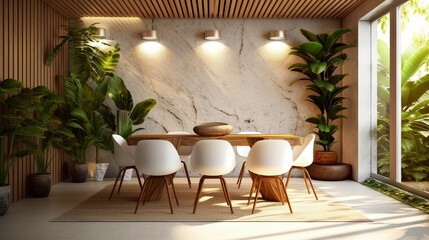 Fototapeta premium Interior of modern dining room with wooden walls, concrete floor, wooden table and white chairs. Potted plants help purify the air and prevent PM 2.5 pollution concept.