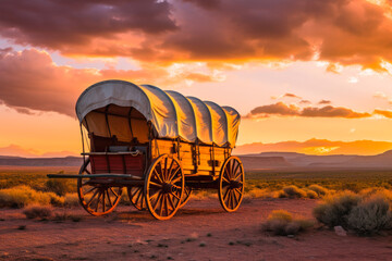 Traditional covered wagon at sunset deserted, old prairie schooner with a beautiful sunset background. Generative AI - obrazy, fototapety, plakaty