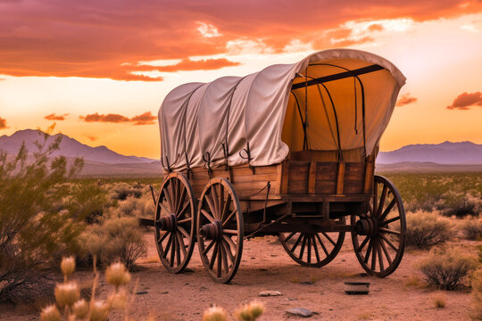 Traditional covered wagon at sunset deserted, old prairie schooner with a beautiful sunset background. Generative AI