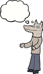 cartoon wolf man with thought bubble