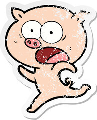 distressed sticker of a cartoon pig running