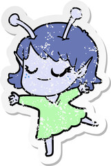 distressed sticker of a smiling alien girl cartoon dancing