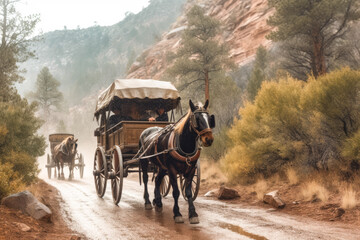 Traditional covered wagon with horse on a trail. Wild west theme. Generative AI - obrazy, fototapety, plakaty