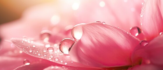 Beautiful transparent drops of water or dew with sun glare on petal of pink peony flower, macro. Gentle artistic image of purity and beauty of nature