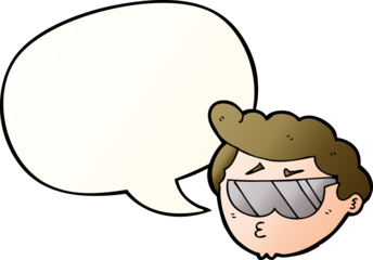 cartoon boy wearing sunglasses with speech bubble in smooth gradient style