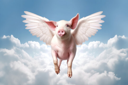 ein Schwein mit Fl&uuml;geln, das &uuml;ber den blauen Himmel fliegt, a pig with wings flying above the blue sky,