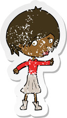 retro distressed sticker of a cartoon woman raising eyebrow