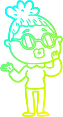 cold gradient line drawing of a cartoon woman wearing spectacles