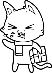 cartoon hissing cat with christmas present