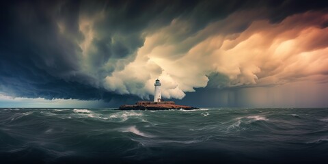 A dramatic thunderstorm over the ocean, with a single lighthouse standing resilient against the fury of the elements, concept of Nature's Power, created with Generative AI technology