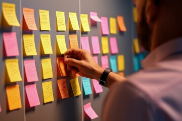 Man putting on sticky note on wall, strategic business planning, very organized thinking. Generative AI
