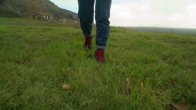 Brown leather boots with red laces walk step by step towards camera. Exploring nature, spending time outdoors or farm life concept